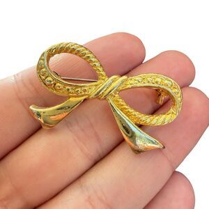 Vintage Jewelry Gold Tone Ribbon Brooch Bow Pin